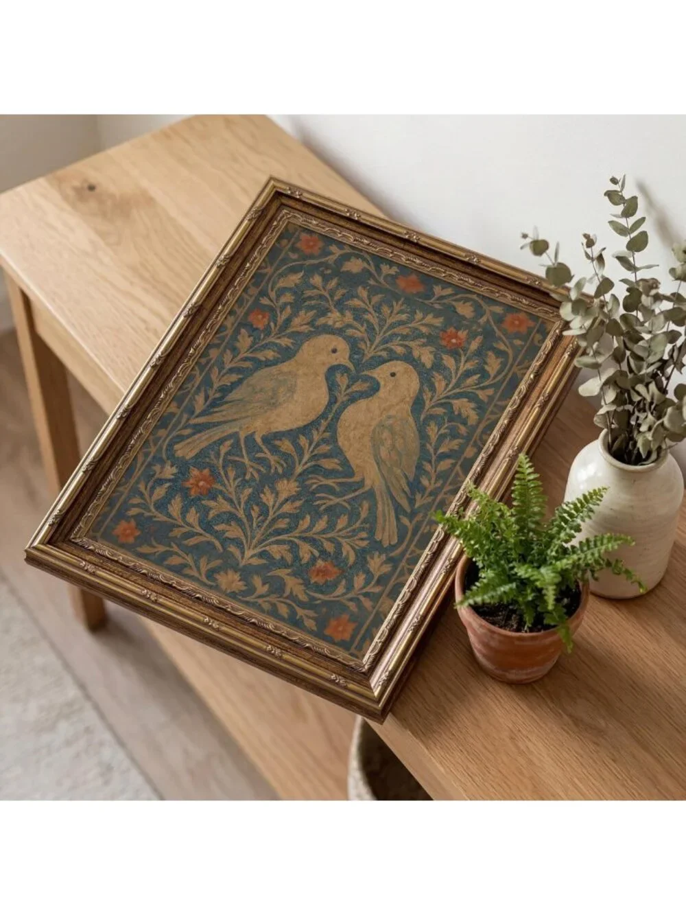 Vintage Lovebirds Wall Art | Folk Floral Bird Canvas Print | Home Decor 8x10